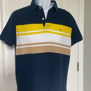 Tommy Hilfiger Men’s Navy Polo with Yellow, White & Tan Stripes
